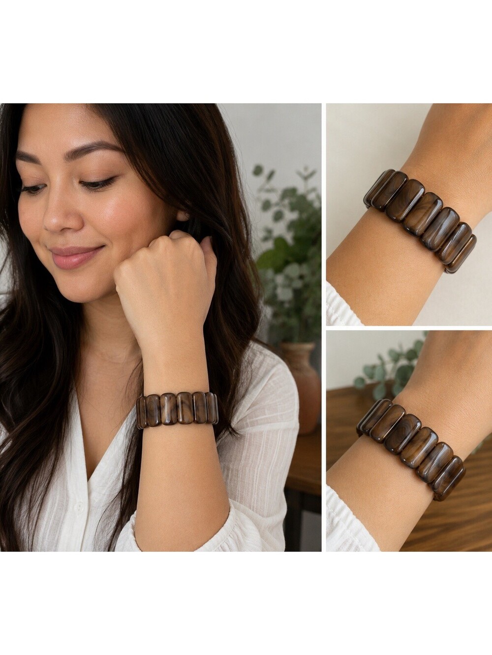 Made in Indonesia Buffalo Horn Stretch Bracelet Brown Chunky Tile Bead Boho